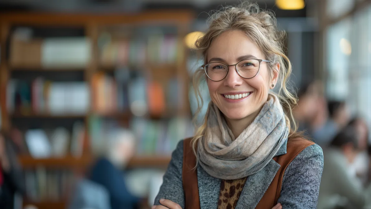 Cheerful Woman in Library